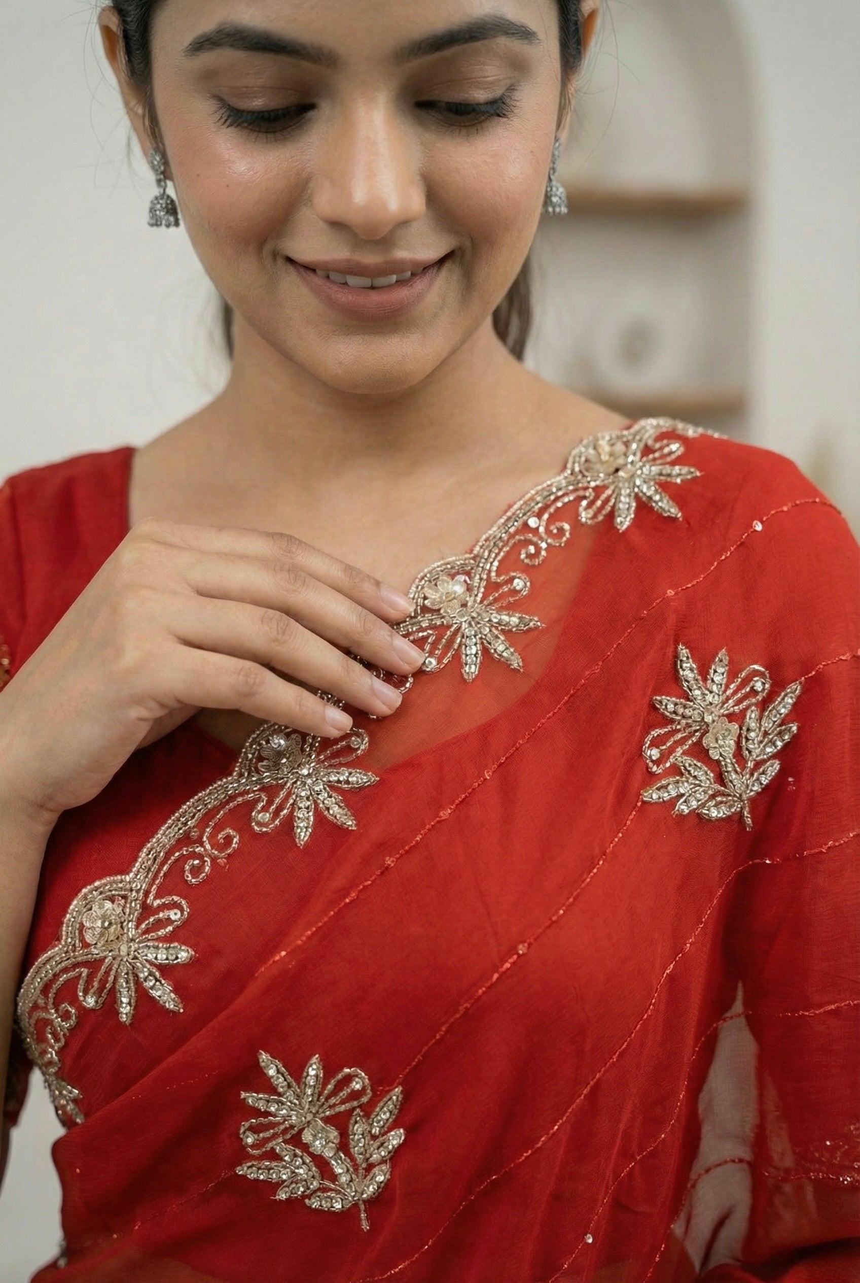 Royal Zari Exclusive: Rust Orange Georgette Handwork Saree with Unstitched Blouse