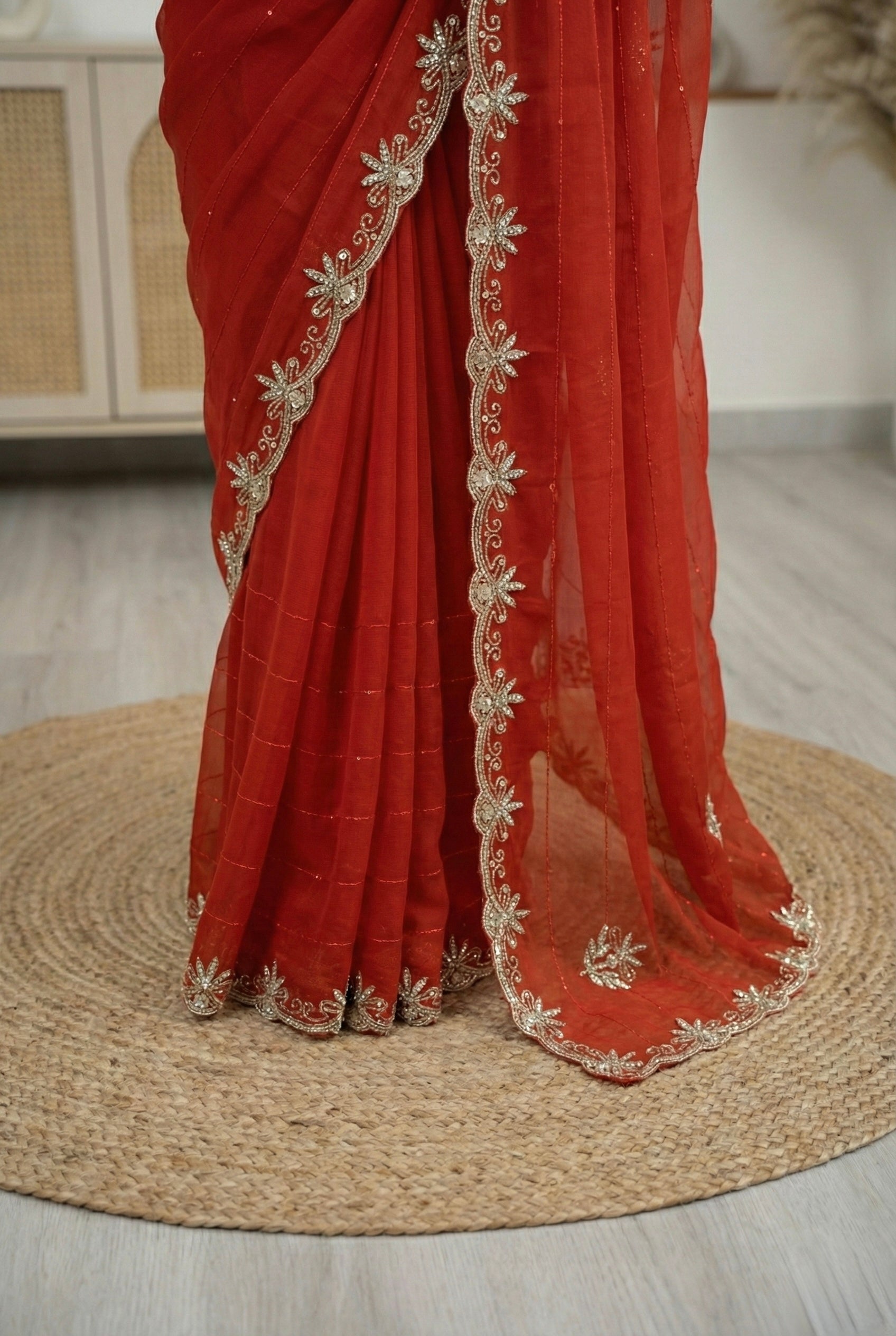 Royal Zari Exclusive: Rust Orange Georgette Handwork Saree with Unstitched Blouse