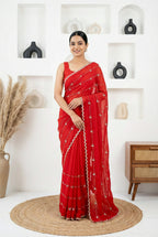 Radiant Crimson: Fendy Silk Saree with Exquisite Zardosi Handwork