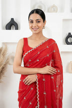 Radiant Crimson: Fendy Silk Saree with Exquisite Zardosi Handwork