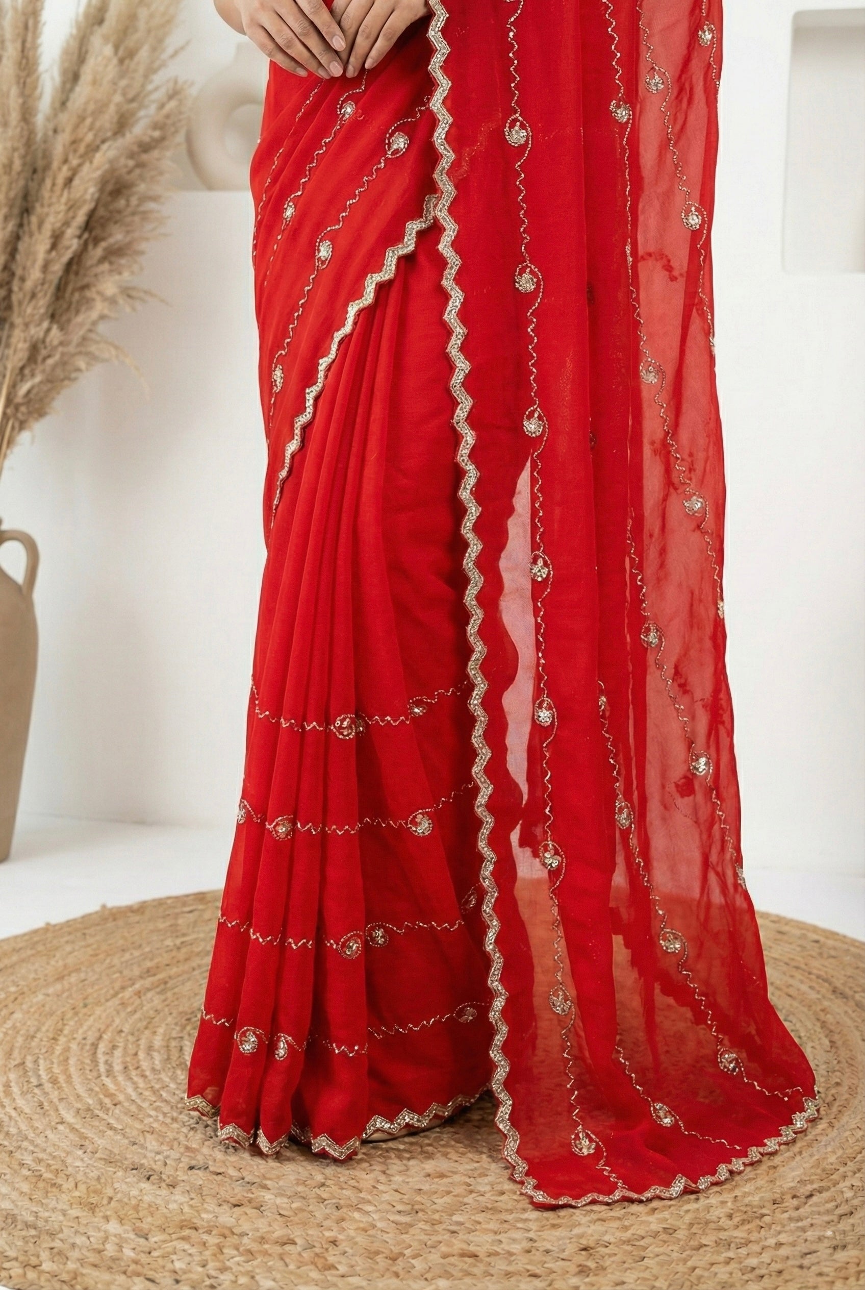 Radiant Crimson: Fendy Silk Saree with Exquisite Zardosi Handwork