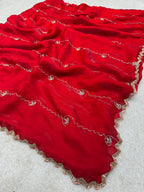 Radiant Crimson: Fendy Silk Saree with Exquisite Zardosi Handwork