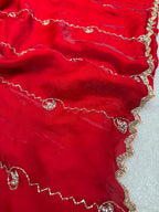 Radiant Crimson: Fendy Silk Saree with Exquisite Zardosi Handwork