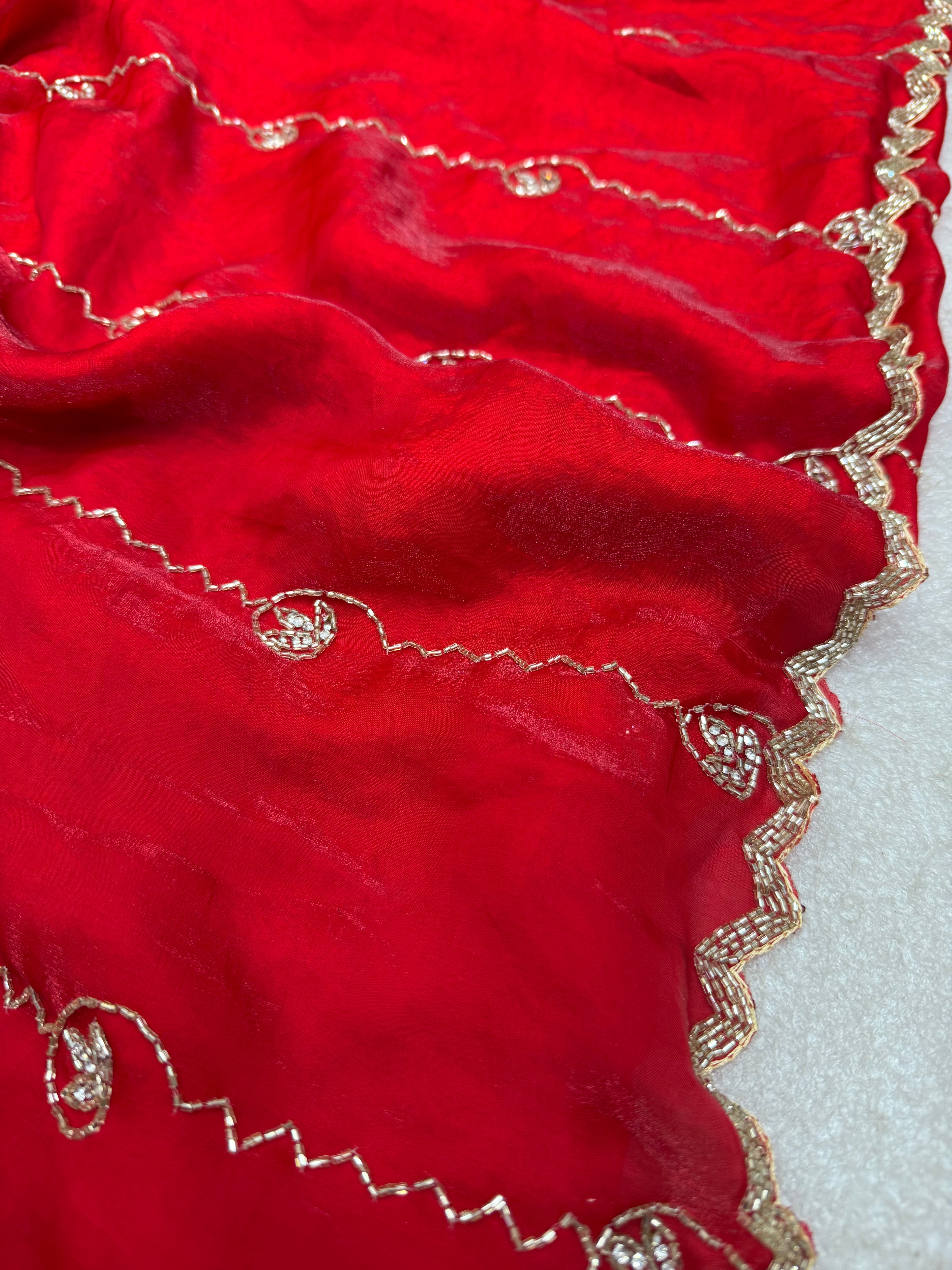 Radiant Crimson: Fendy Silk Saree with Exquisite Zardosi Handwork