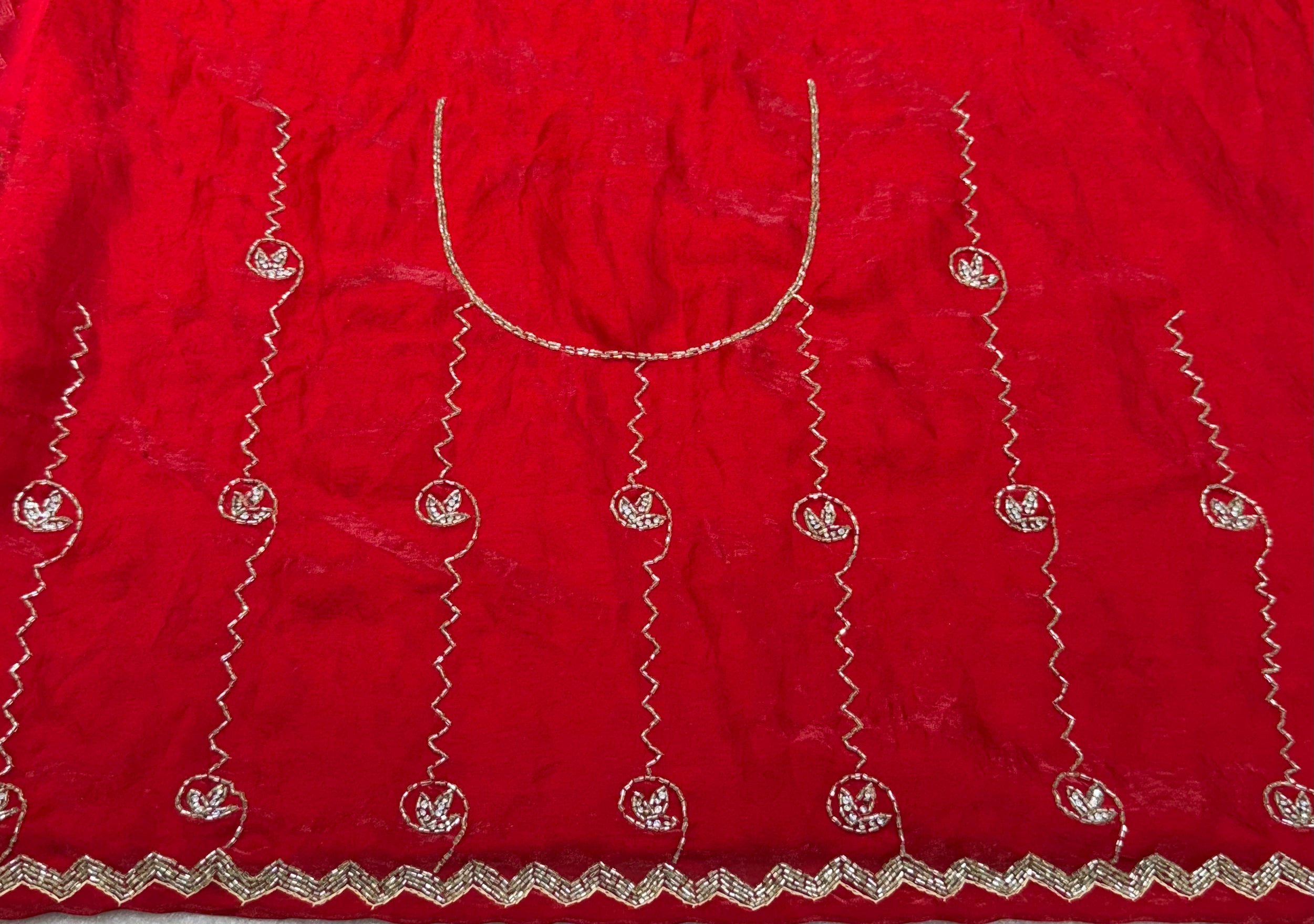 Radiant Crimson: Fendy Silk Saree with Exquisite Zardosi Handwork