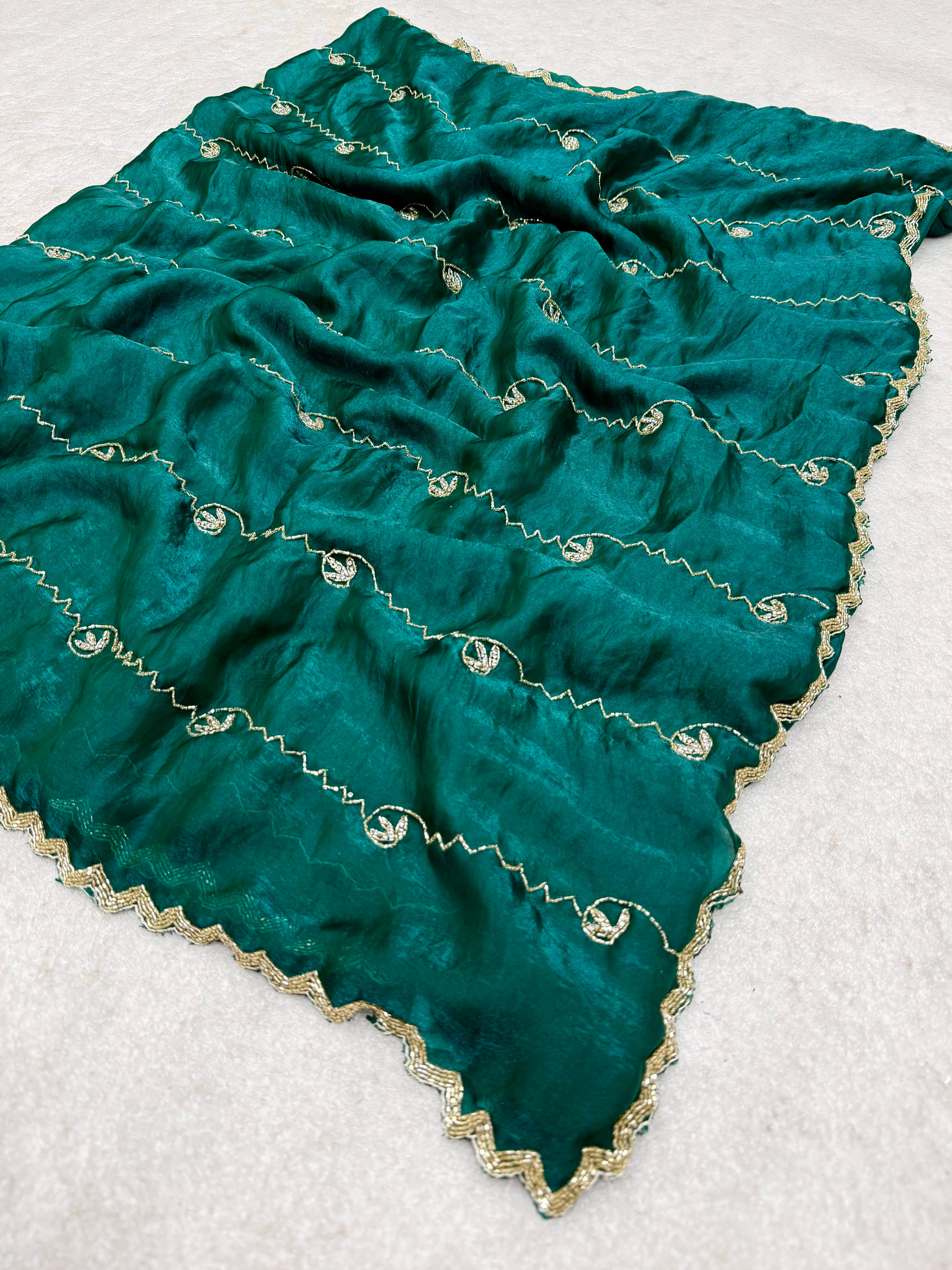 Emerald Green: Fendy Silk Saree with Exquisite Zardosi Handwork
