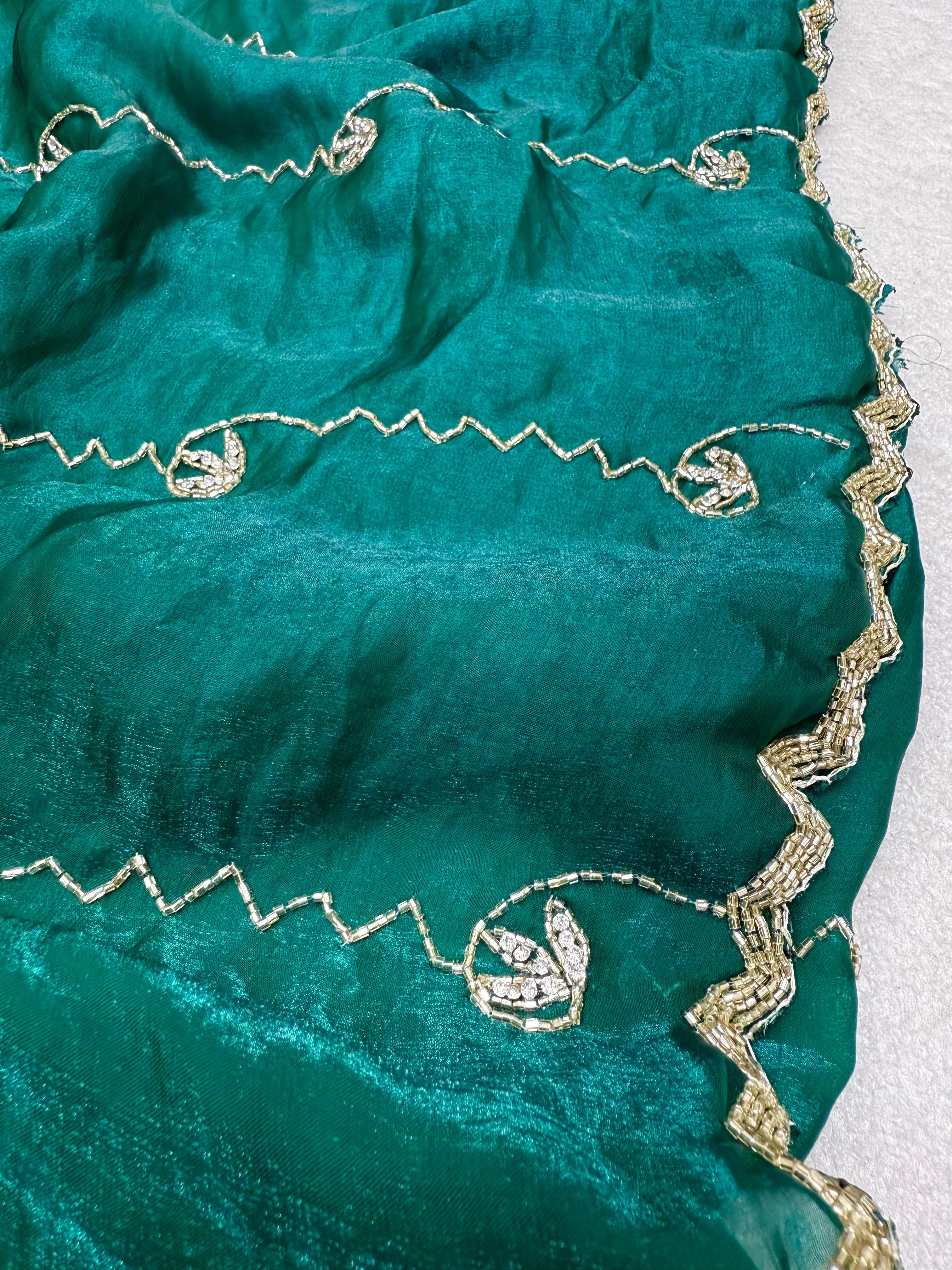 Emerald Green: Fendy Silk Saree with Exquisite Zardosi Handwork