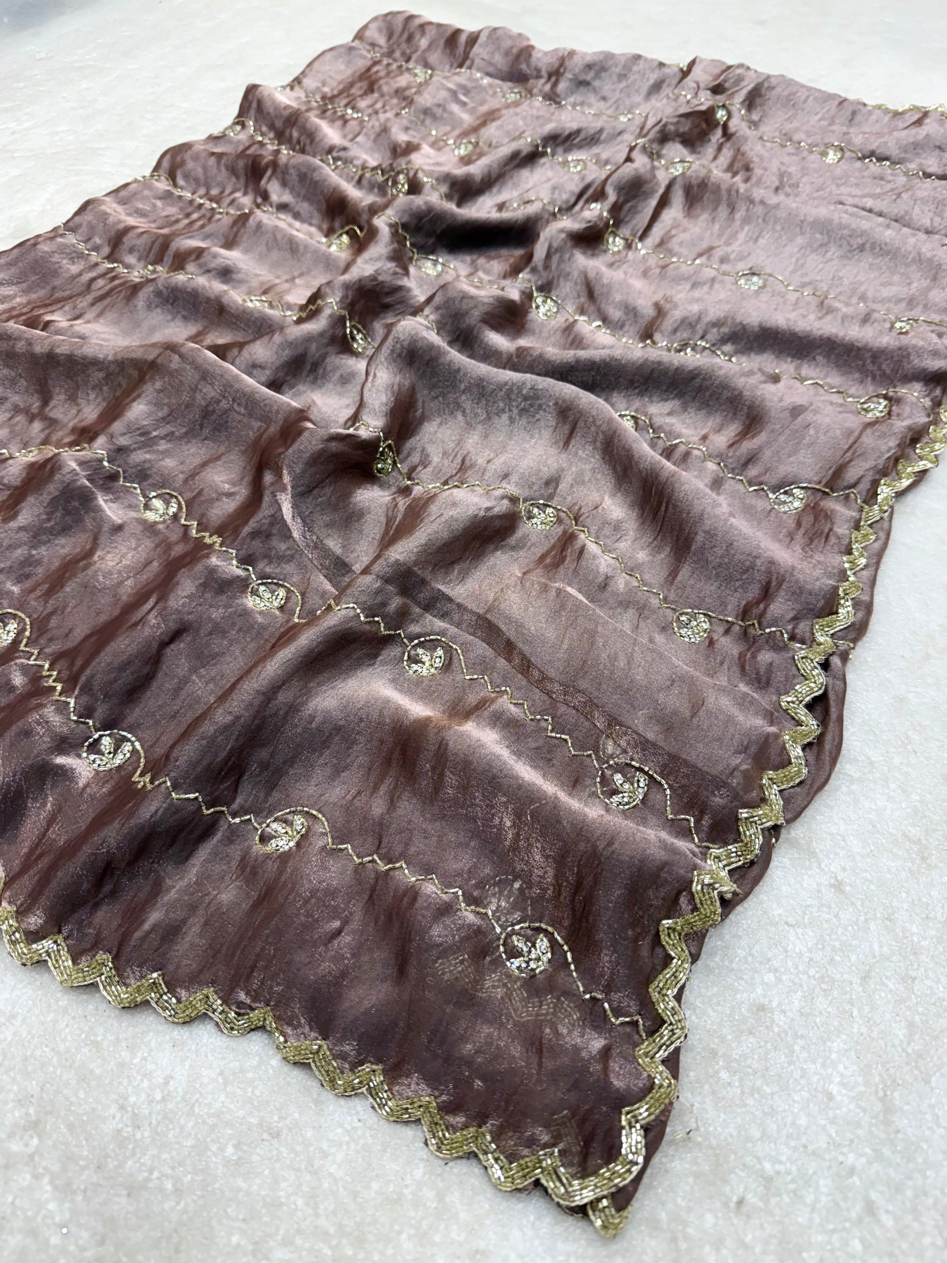 Stunning Copper: Fendy Silk Saree with Exquisite Zardosi Handwork