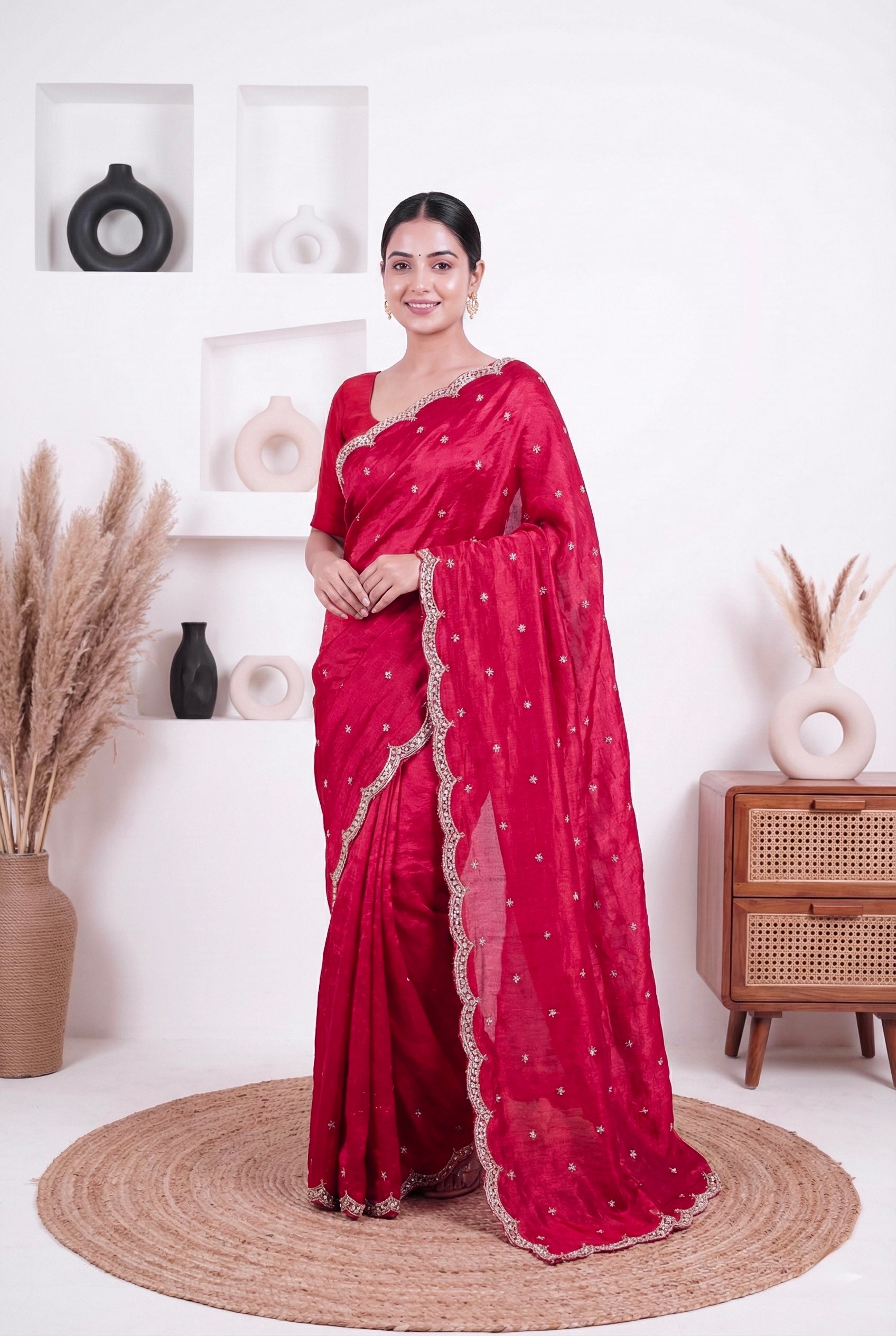Cerise Pink Fendy Silk With Hand Embellished Zardozi Border And Butti Work Saree For Women