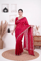 Cerise Pink Fendy Silk With Hand Embellished Zardozi Border And Butti Work Saree For Women