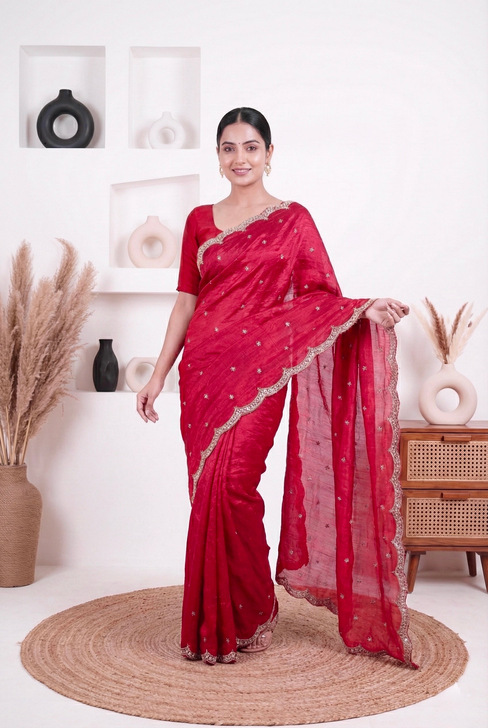 Cerise Pink Fendy Silk With Hand Embellished Zardozi Border And Butti Work Saree For Women