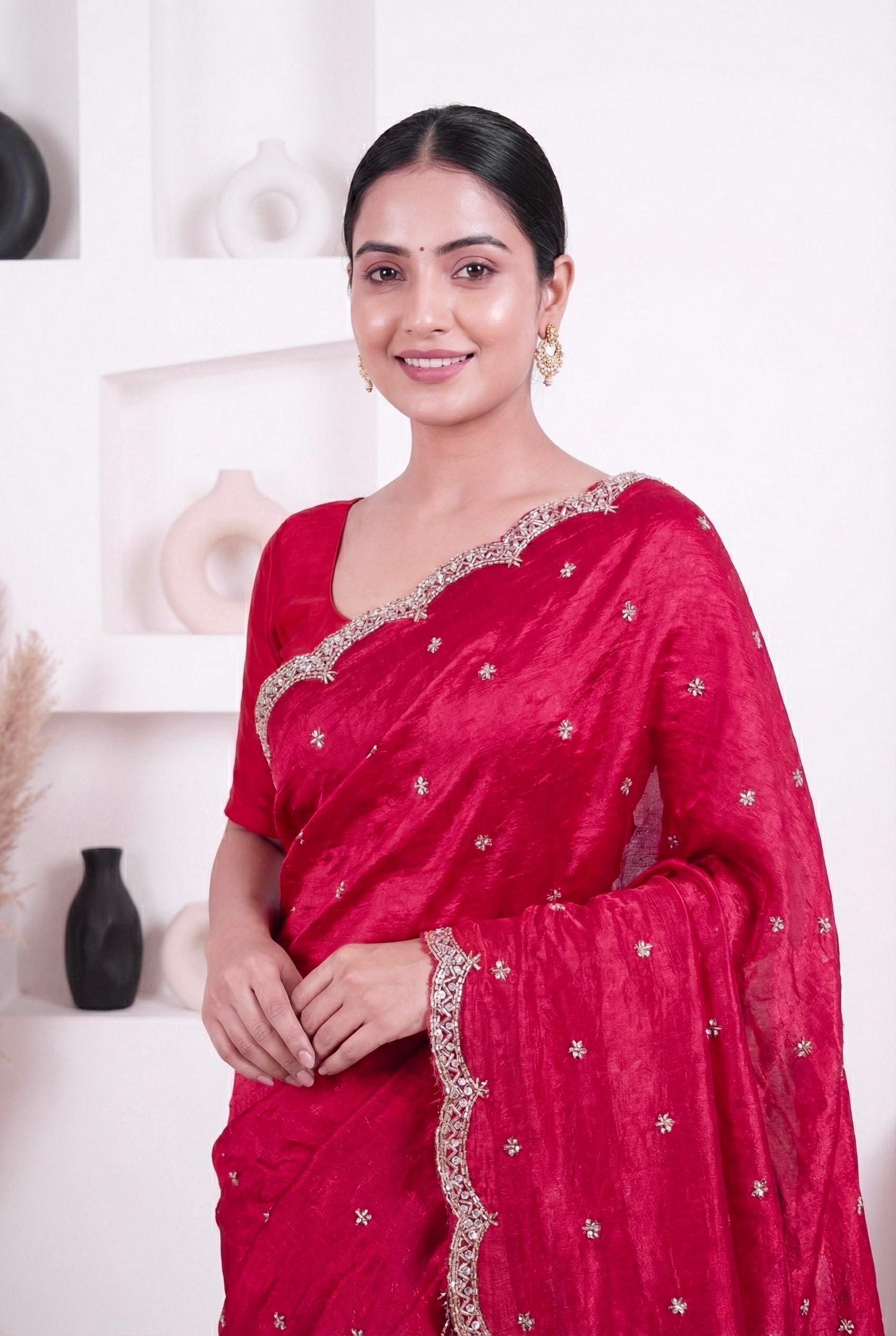 Cerise Pink Fendy Silk With Hand Embellished Zardozi Border And Butti Work Saree For Women