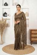 Coffee Brown Hand Embroidered Moss Georgette Easy Drape Party Wear Saree For Women