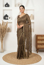Coffee Brown Hand Embroidered Moss Georgette Easy Drape Party Wear Saree For Women