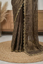 Coffee Brown Hand Embroidered Moss Georgette Easy Drape Party Wear Saree For Women