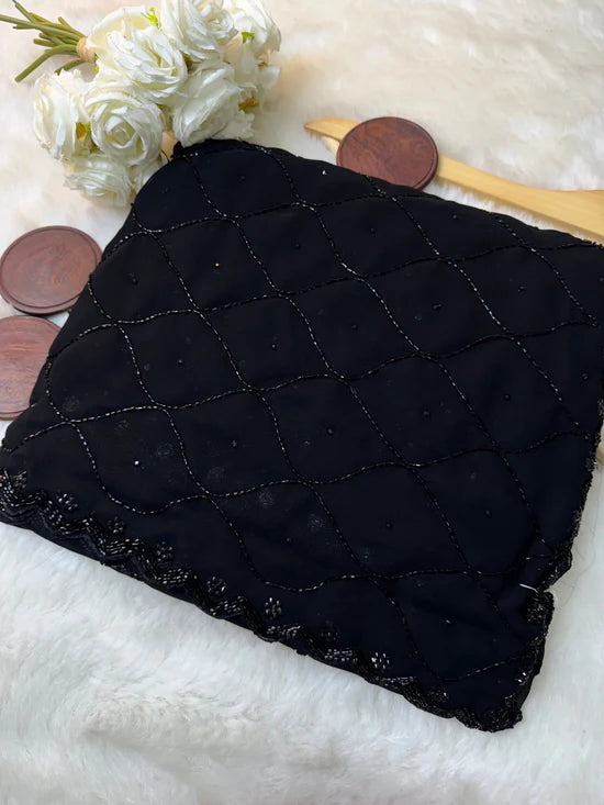 Royal Zari Premium Jet Black Hand-Embroidered Georgette Saree with Scalloped Cutdana Border