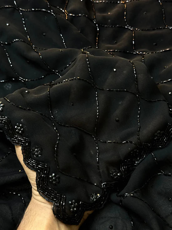 Royal Zari Premium Jet Black Hand-Embroidered Georgette Saree with Scalloped Cutdana Border