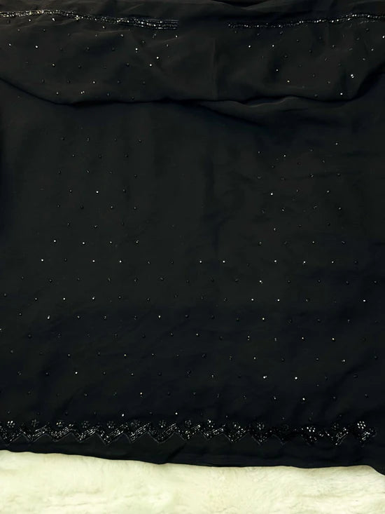 Royal Zari Premium Jet Black Hand-Embroidered Georgette Saree with Scalloped Cutdana Border