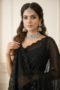Royal Zari Premium Jet Black Hand-Embroidered Georgette Saree with Scalloped Cutdana Border