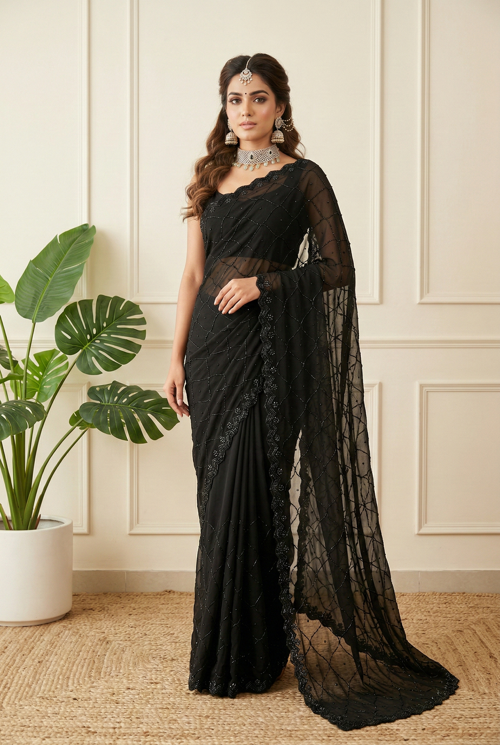 Royal Zari Premium Jet Black Hand-Embroidered Georgette Saree with Scalloped Cutdana Border