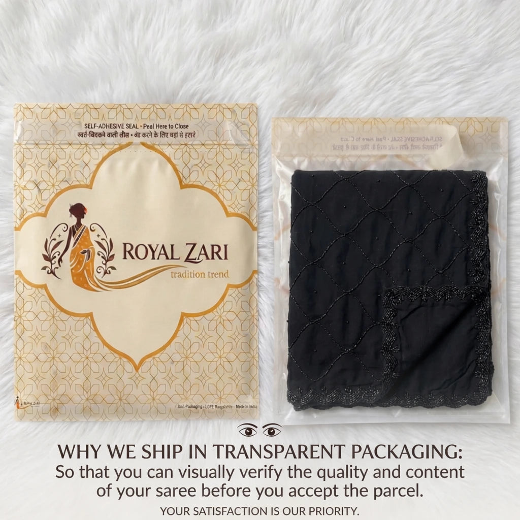 Royal Zari Premium Jet Black Hand-Embroidered Georgette Saree with Scalloped Cutdana Border