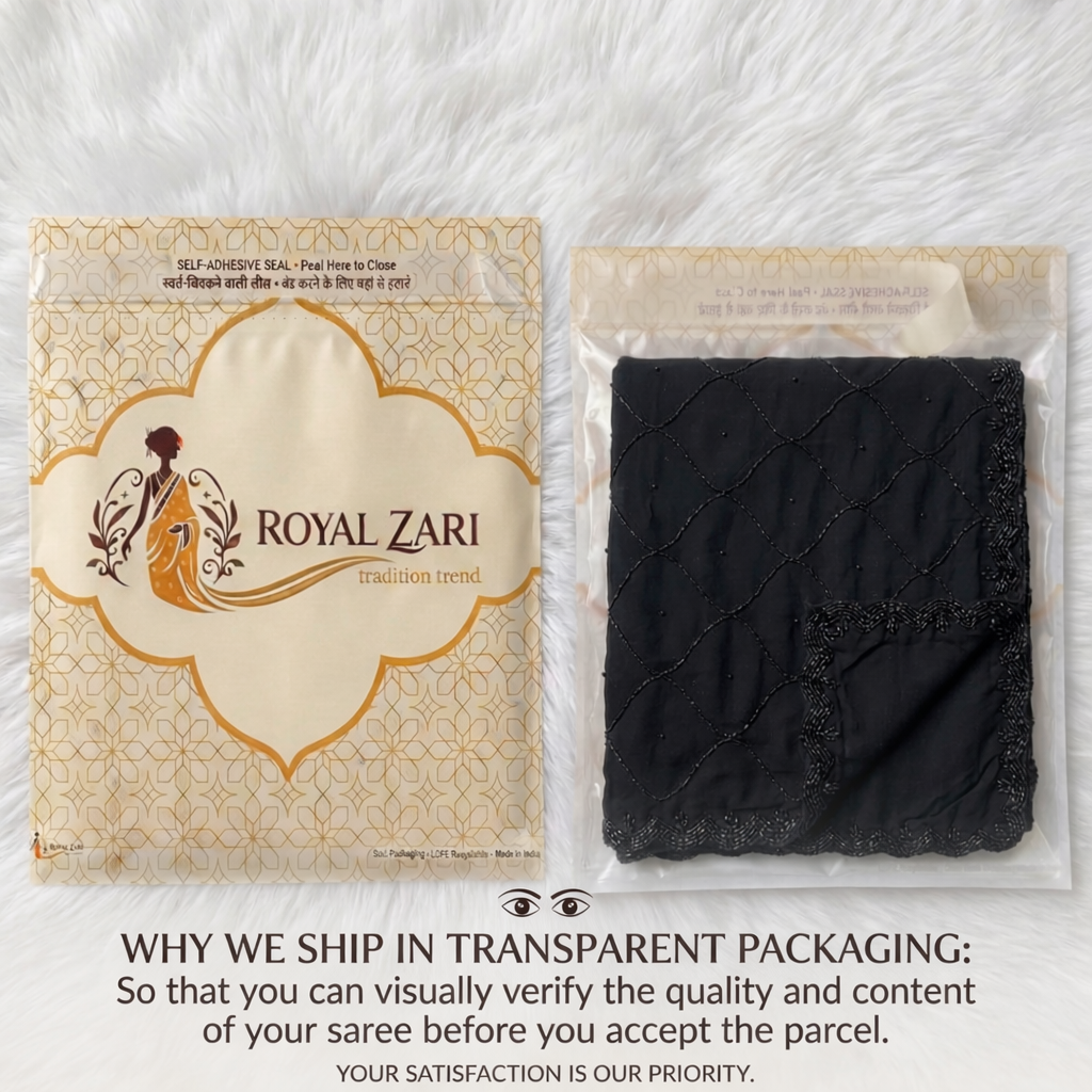 Royal Zari Premium Jet Black Hand-Embroidered Georgette Saree with Scalloped Cutdana Border